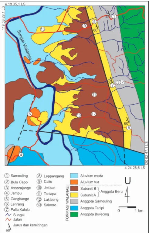Gambar 8. Peta geologi dengan titik-titik lokasi pengamatan geologi di daerah Cabenge,  Soppeng (modifikasi dari van den Bergh and Aziz, 1995).