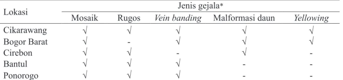Tabel 1  Jenis gejala infeksi virus pada tanaman kedelai di beberapa lokasi di Jawa