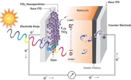 Gambar 2.3 : Prinsip Kerja Dye Sensitized Solar Cell (DSSC) 