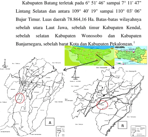 Gambar 4.1 Peta Kabupaten Batang, A (Desa Deles Kecamatan  Bawang), B (Desa Tembok Kecamatan Limpung) 2                                                              