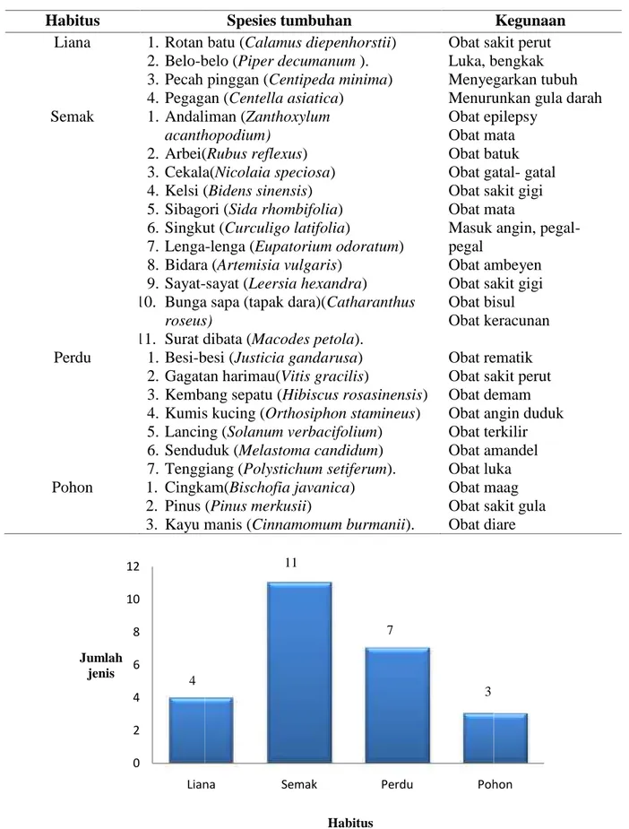 Tabel 3. Pengelompokan jenis-jenis tumbuhan  obat yang ditemukan di Taman Hutan Raya Tongkoh berdasarkan habitus.