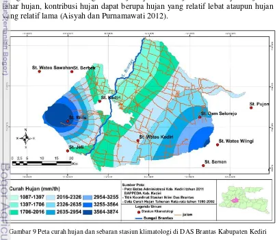 Gambar 9 Peta curah hujan dan sebaran stasiun klimatologi di DAS Brantas Kabupaten Kediri 