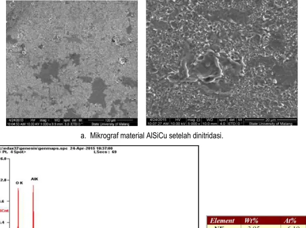 Gambar 2. Hasil Uji SEM-EDS material AlSiCu setelah dinitridasi ion. 
