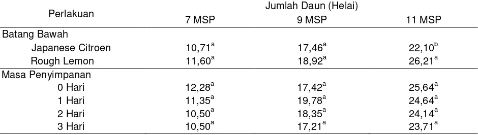 Tabel 2. Panjang Tunas Tanaman Jeruk Siam Madu Hasil Okulasi dengan Perbedaan Batang Bawah dan Masa Penyimpanan Entres 