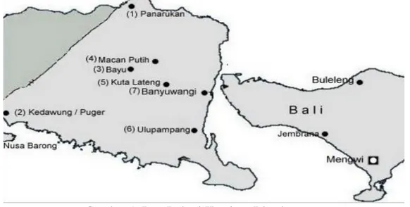 Gambar 1. Peta Lokasi Kerajaan Blambangan  Situs Ompak Songo dan Pura Dalem Blambangan 