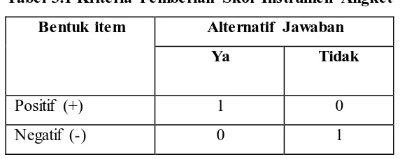 Tabel 3.1 Kriteria Pemberian Skor Instrumen Angket 