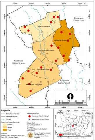 Gambar  6.  Peta  Persebaran  Kandungan  Nitrat  Berdasarkan  Tingkatan  Kepadatan  Bangunan  di  Sebagian  Kecamatan  Klaten  Tengah  di  Sebagian  Kecamatan Klaten Tengah