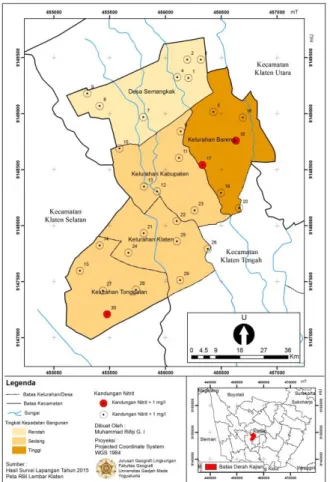 Gambar  8.  Peta  Persebaran  Kandungan  Nitrit  Berdasarkan  Tingkatan  Kepadatan  Bangunan  di  Sebagian  Kecamatan  Klaten  Tengah  di  Sebagian  Kecamatan Klaten Tengah