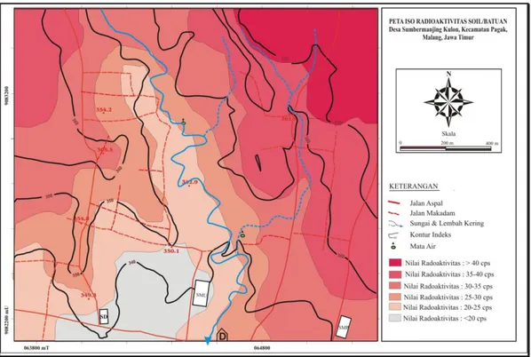 Gambar 8. Peta Iso radioaktivitas soil/batuan di Desa Sumbermanjing Kulon, Pagak  Dari  data  hasil  pengukuran  radioaktivitas  yang  dihasilkan,  dibuat  peta  iso  radioaktivitas  Gambar 8