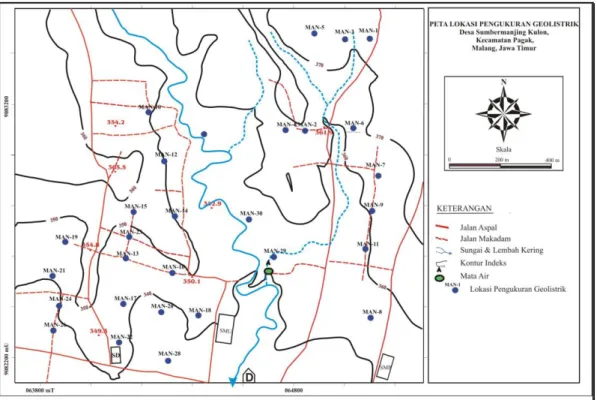 Gambar 9. Peta lokasi titik pengukuran geolistrik di Desa Sumbermanjing Kulon, Pagak.  Lapisan  batulempung  muncul  menerus  hampir  di  semua  lokasi  dengan  ketebalan  ±  3  m  dan  kisaran nilai tahanan jenis 1-7 m