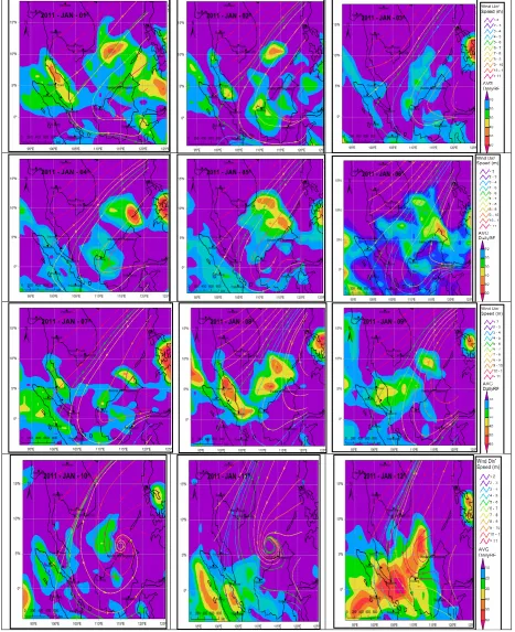 Fig 7: Atmospheric circulation patterns and rainfall - Jan 01-12, 2011 (Source: Author’s work (based on data obtained from APDRC LAS; Analyzed with MeteoInfo v.1.1.0.0) 