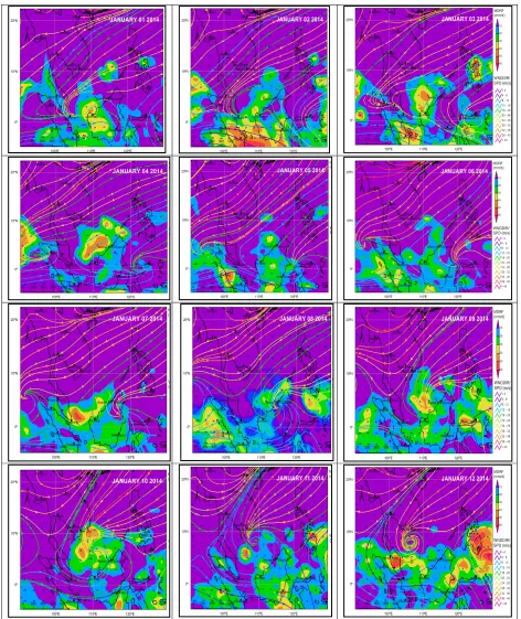 Fig 8: Atmospheric circulation patterns and rainfall - January 2014 (Source: Author’s work (based on data obtained from APDRC LAS;analyzed using MeteoInfo v.1.1.0.0)  