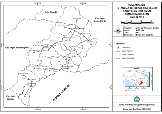 Gambar  4:  Peta  Analisis  Tetangga  Terdekat  SMA  Negeri  di  Kabupaten  Ogan  Komering Ulu Timur Tahun 2013 