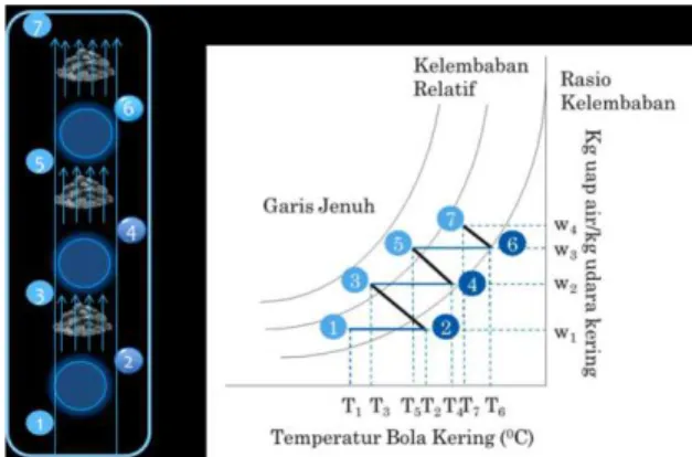 Gambar 1. Proses-proses di dalam diagram Psikrometrik  Titik  2±3  menunjukkan  udara  ketika  memasuki  ruangan  pengeringan  dan  berinteraksi  dengan  lapisan  batubara