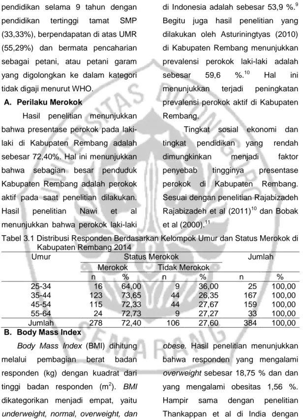 Tabel 3.1 Distribusi Responden Berdasarkan Kelompok Umur dan Status Merokok di  Kabupaten Rembang 2014 