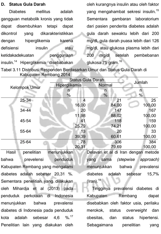 Tabel 3.11 Distribusi Responden Berdasarkan Umur dan Status Gula Darah di  Kabupaten Rembang 2014 