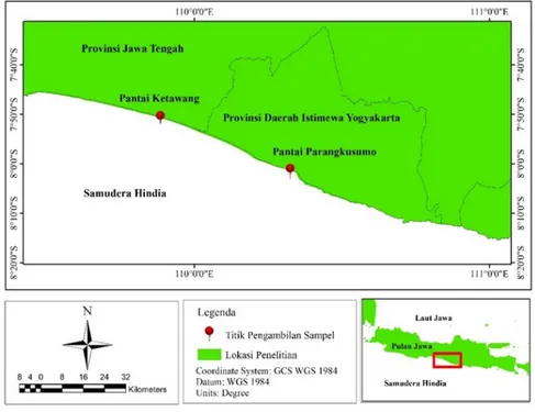Gambar 1 Lokasi pengambilan sampel undur-undur laut di Pantai Bantul dan Purworejo 