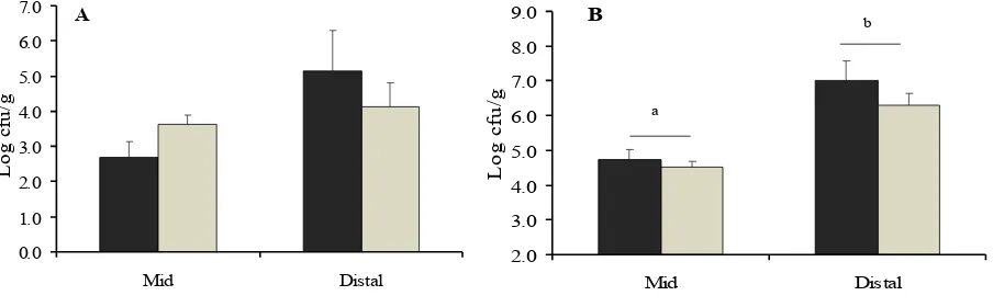 Figure 2. The counts of haemolytic E. colitissue of piglets. The different letters in B indicate differences ( (A) and total coliform (B) associated with the small intestinal P<0.05) between the sites of the small intestine