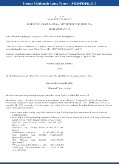 Putusan Mahkamah Agung Nomor : 1842/B/PK/Pjk/2019