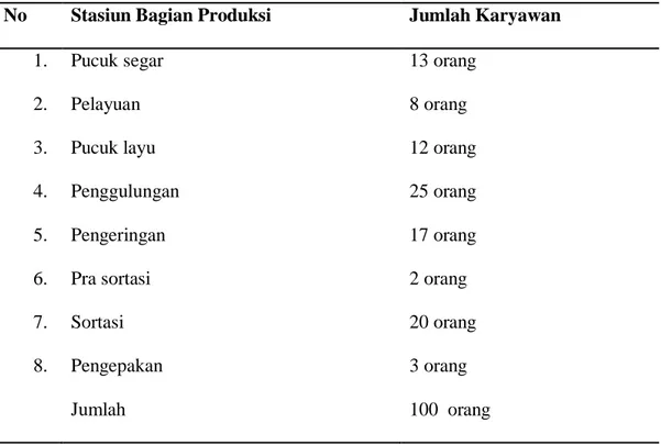 Tabel  3.1.  Jumlah  karyawan  produksi  setiap  divisi  di  Pabrik  Teh  PTPN  IV  Bah Butong Kecamatan Sidamanik Kabupaten Simalungun  No  Stasiun Bagian Produksi  Jumlah Karyawan 
