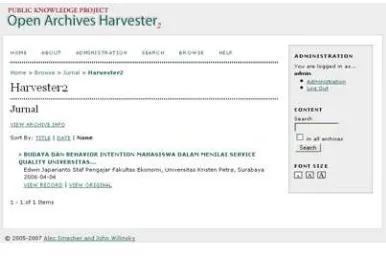 Gambar 10. Aplikasi Harvester yang Sudah  Terhubung dengan Repository UK Petra 