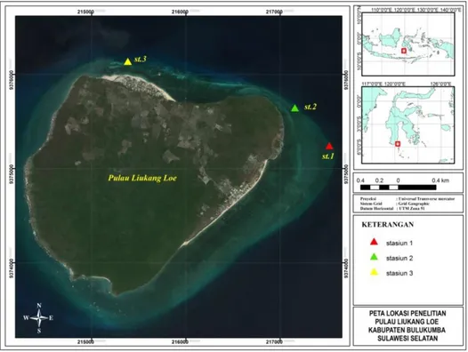 Gambar 1.  Lokasi  pelaksanaan  penelitian  di  Pulau  Liukang  Loe,  yang  terletak  di  pesisir  Pantai  Selatan Kabupaten Bulukumba 