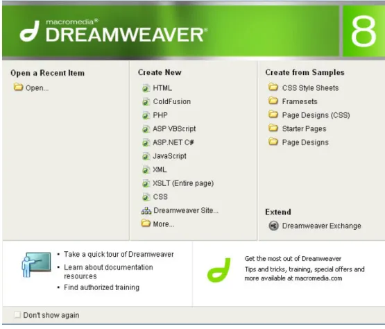 Gambar 2.3. Tampilan halaman awal program Dreamweaver 8. 