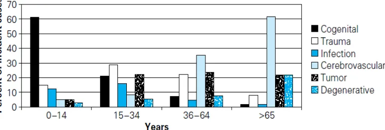 Gambar 2.1. Distribusi penyebab utama kejang di berbagai usia (diadaptasi dari berbagai sumber termasuk Hauser dan Annegers serta Engel dan Pedley) Sumber: (Ropper dan Brown, 2005) 