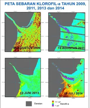 Gambar 6. Peta sebaran klorofil-a  Tahun 2009-2014 di perairan muara  Sungai Lumpur dari model algoritma  Chl-a = 681,8946 (X) 3  - 1708,3328 (X) 2