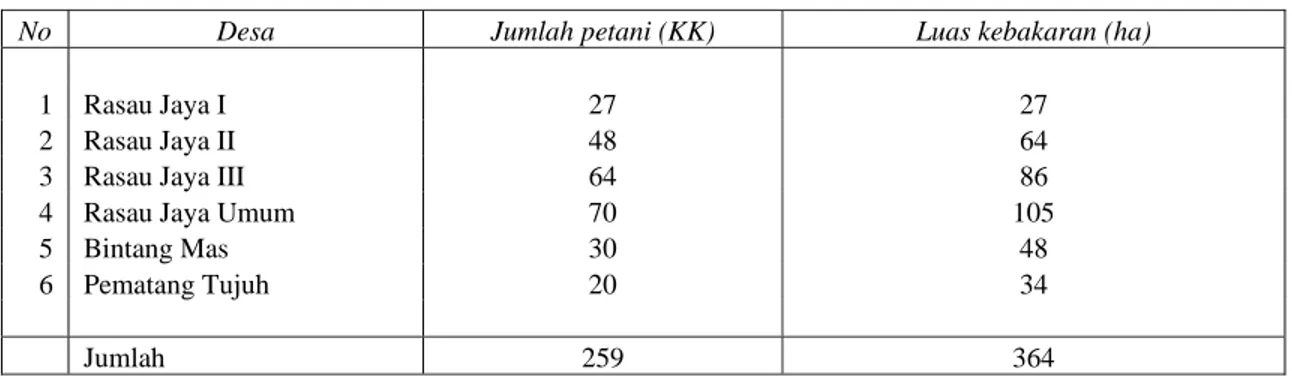 Tabel 3. Luas Kebakaran pada Lahan Pertanian Menetap di Kecamatan Rasau Jaya,     Kabupaten Pontianak, Akhir Agustus 2006 