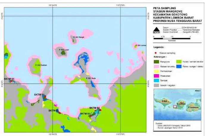 Gambar  1.  Peta  memperlihatkan  posisi  stasiun  pemantauan  komunitas  mangrove  di  Kecamatan  Sekotong, 