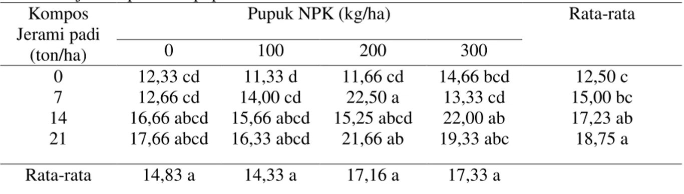 Tabel  6.  Jumlah  polong  bernas  per  tanaman  kacang  tanah  (polong)  yang  diberi  kompos  jerami padi dan pupuk NPK  