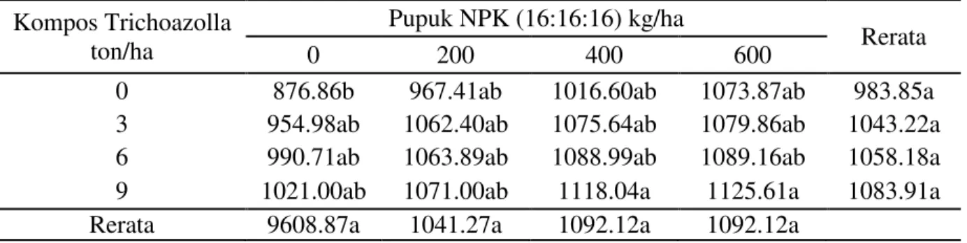 Tabel 3 dan 4 juga menunjukkan bahwa  pada  perlakuan  dengan  berbagai  dosis  kompos  Trichoazolla  dan  pupuk  NPK  berbeda  tidak  nyata  dengan  perlakuan  kompos  Trichoazolla  9  ton/ha  dengan  penambahan  600  kg/ha