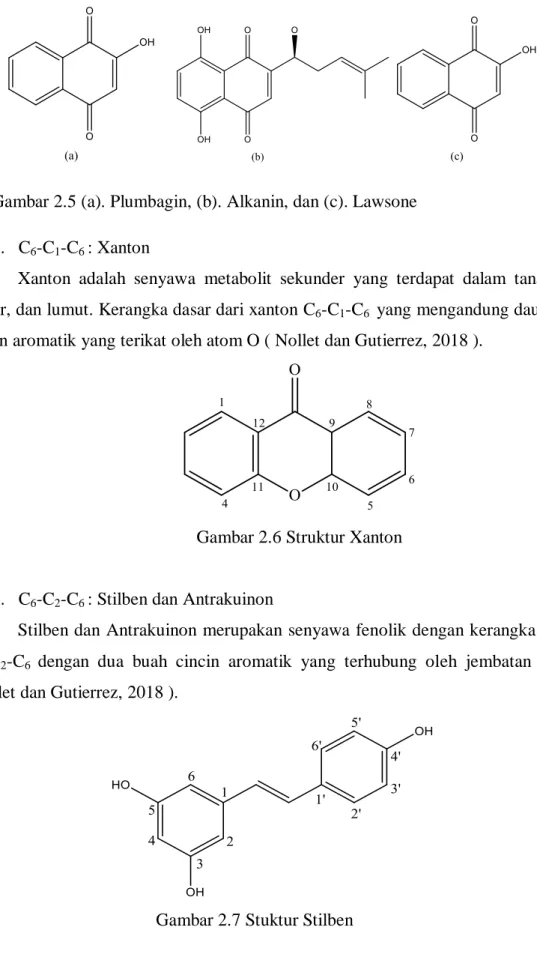 Gambar 2.5 (a). Plumbagin, (b). Alkanin, dan (c). Lawsone  5.  C 6 -C 1 -C 6  : Xanton 