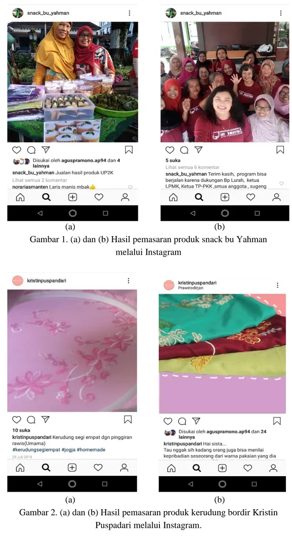 Gambar 2. (a) dan (b) Hasil pemasaran produk kerudung bordir Kristin  Puspadari melalui Instagram