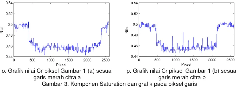 Gambar 3. Komponen Saturation dan grafik pada piksel garis 