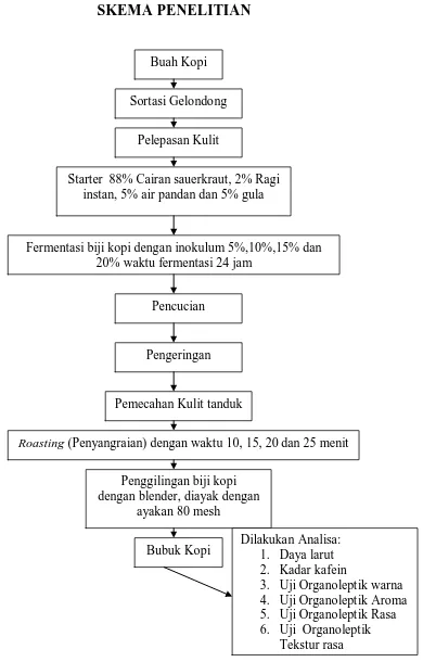 Gambar 2.  Skema Pengolahan Kopi terhadap konsentrasi ragi formulasi       inokulum fermentasi dan lama penyangraian terhadap mutu kopi bubuk 