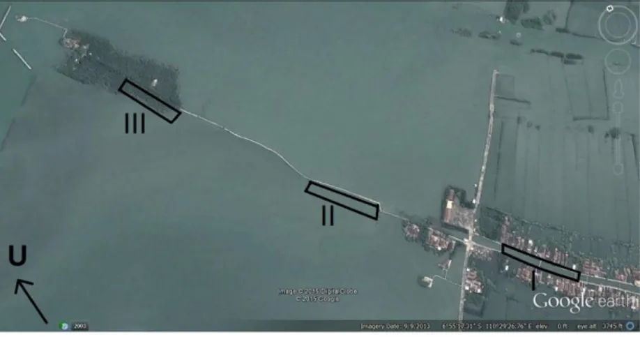 Gambar  3.4.  Letak  Stasiun  I,  II  &amp;  III  melalui  pencitraan  google  earth  dengan  koordinat  6 o  55’17.31”S  110 o 29’26.76”E 