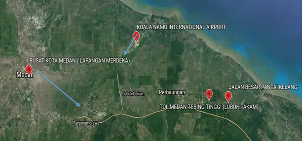 Gambar 4.2 Lokasi Perancangan Melalui Kota Medan dan Bandara Kuala Namu.  
