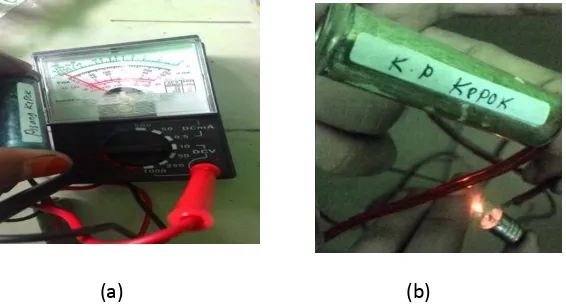Gambar 1. a). Hasil tegangan baterai dari pasta kulit pisang berangan,   b).  Uji nyala lampu baterai kulit pisang berangan