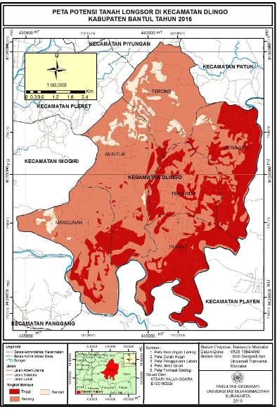 Gambar 3.1 Peta Tingkat Potensi Tanah Longsor di Kecamatan Dlingo Kabupaten Bantul Tahun 2016 