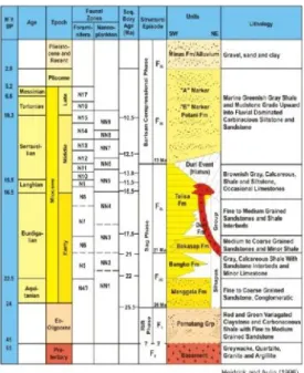 Gambar 3. Stratigrafi Cekungan Sumatera Tengah (Hendrick &amp; Aulia, 1993) Gambar 2. Struktur yang bekerja pada lokasi penelitian (Heidrick dan Aulia, 1993)