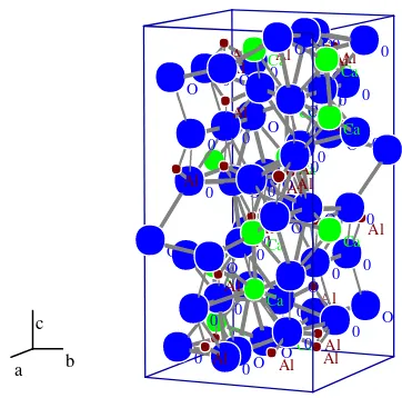 Gambar 3. Struktur kristal kalsium monoaluminat (CaAl2O4) denganparameter kisi a=  8,700 Å, b= 8,0920 Å, c = 15,1910 Å.Gambar dibuat menggunakan program PCW, version 2.3(Kraus and Nolze, 1999).
