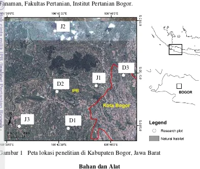 Gambar 1   Peta lokasi penelitian di Kabupaten Bogor, Jawa Barat 