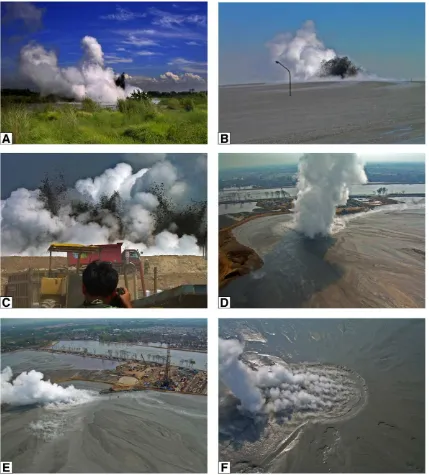Fig. 6. Images of different activity of LUSI eruption site. (A) LUSI at day one: vapour and mud are erupted in the middle of a rice pond in the earlymorning; (B) the activity of LUSI increased exponentially flooding villages and roads