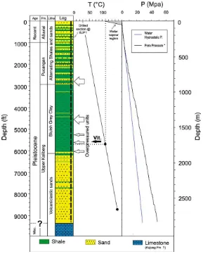 Fig. 2. Stratigraphy column and temperature-pressure gradient in BJP1 well. Note that based on the data available there is no evidence that thedeepermost limestone formation was penetrated in the BJP1 well
