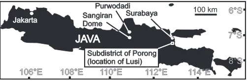 Figure 1. Map of Java, showing the location of the eruption in the Porong subdistrict and Purwodadi and Sangiran Dome, where other mud volcanoes have been documented.