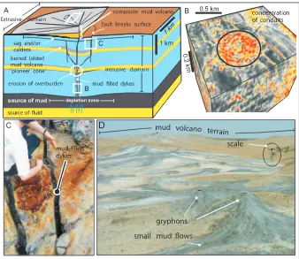 Figure 2. Components of a mud volcano system revealed by three-dimensional seismic data and outcrop