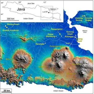 Fig. 1. Fragment of elevation map of eastern Java Island with the location of the discovered mud volcanoes in the backark basin (marked as circles)