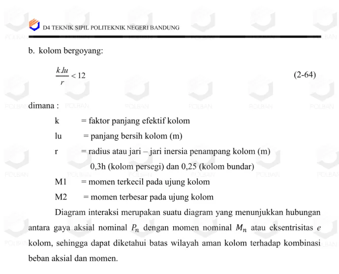 Diagram interaksi merupakan suatu diagram yang menunjukkan hubungan  antara  gaya  aksial  nominal      dengan  momen  nominal      atau  eksentrisitas  e  kolom, sehingga dapat diketahui batas wilayah aman kolom terhadap kombinasi  beban aksial dan momen